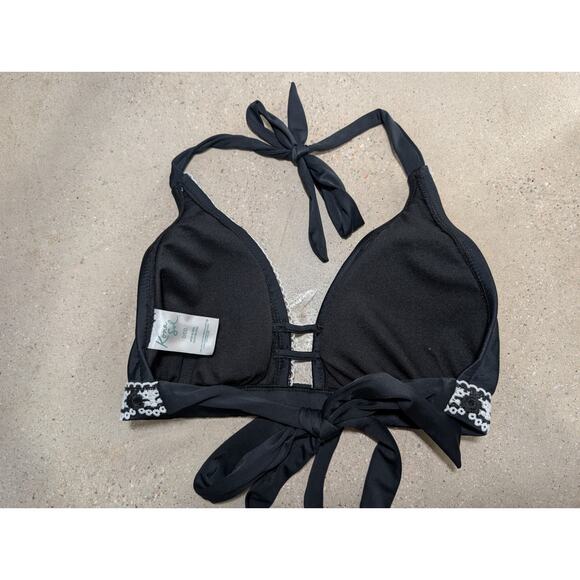 Kona Sol Halter Bikini Top Womens D/DD Black Solid Crochet Trim & Blk Bottoms - Picture 4 of 7